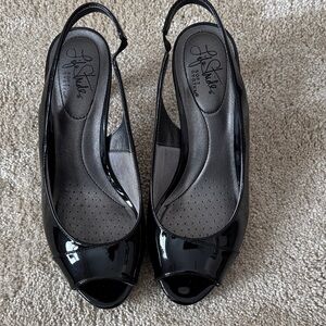Life Stride Black Patent Peep-Toe Slingback Heels